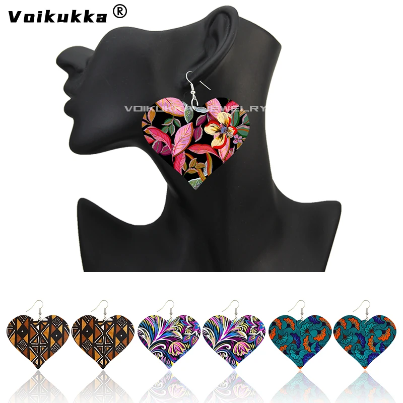 Voikukka Jewelry Heart Shape Pendant Africa Ethnic Fabric Pattern Both Sides Print Wooden Dangle Earrings For Women Gifts