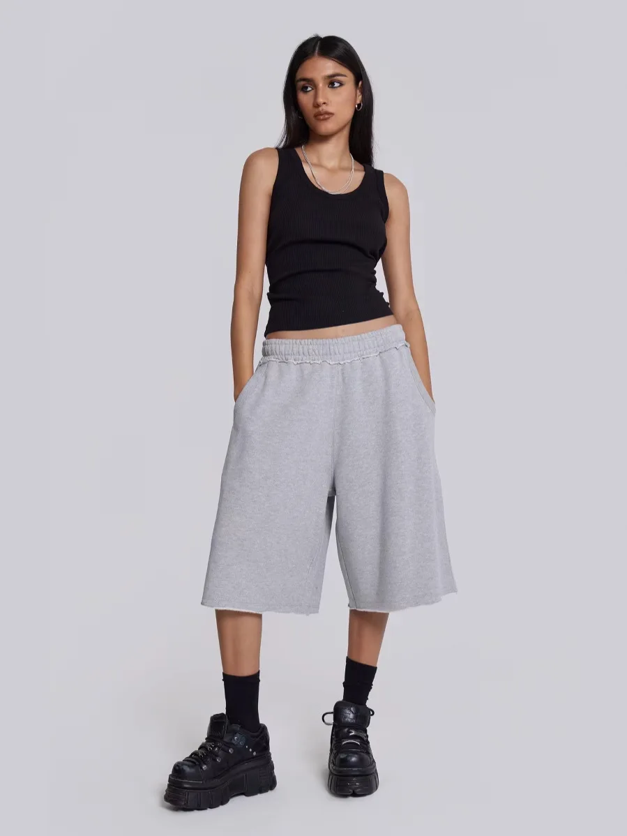Women Gray Baggy Jogger Shorts Y2K Casual Wide Leg Sport Shorts Oversized Basic Fashion Jogger Short Pants Streetwear