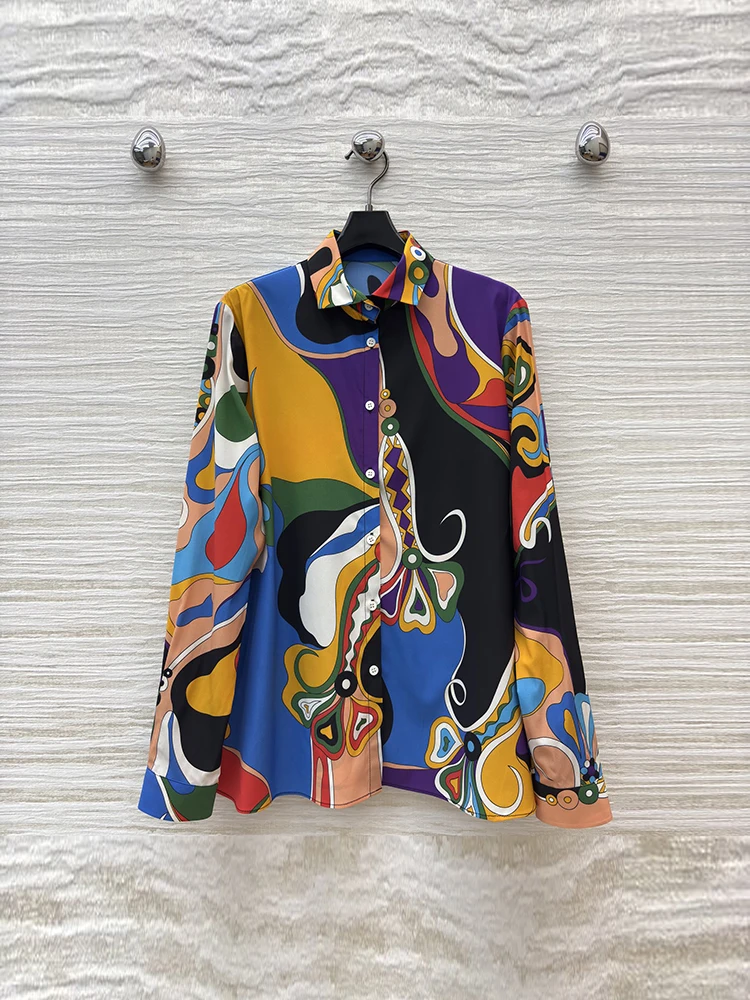 

Summer Summer Fashion Vintage Geometric Print Silk Blouses Women's Turn-down Collar Single Breasted Long Sleeve Loose Shirt