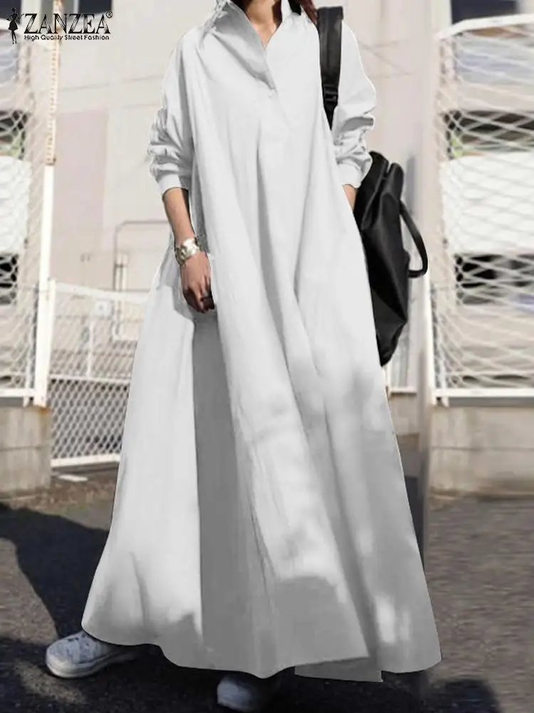 ZANZEA Autumn Stylish Women Vintage Long Sleeve Loose Sundress 2023 Casual Long Maxi Dress Kaftan Femme Solid Party Vestido Robe