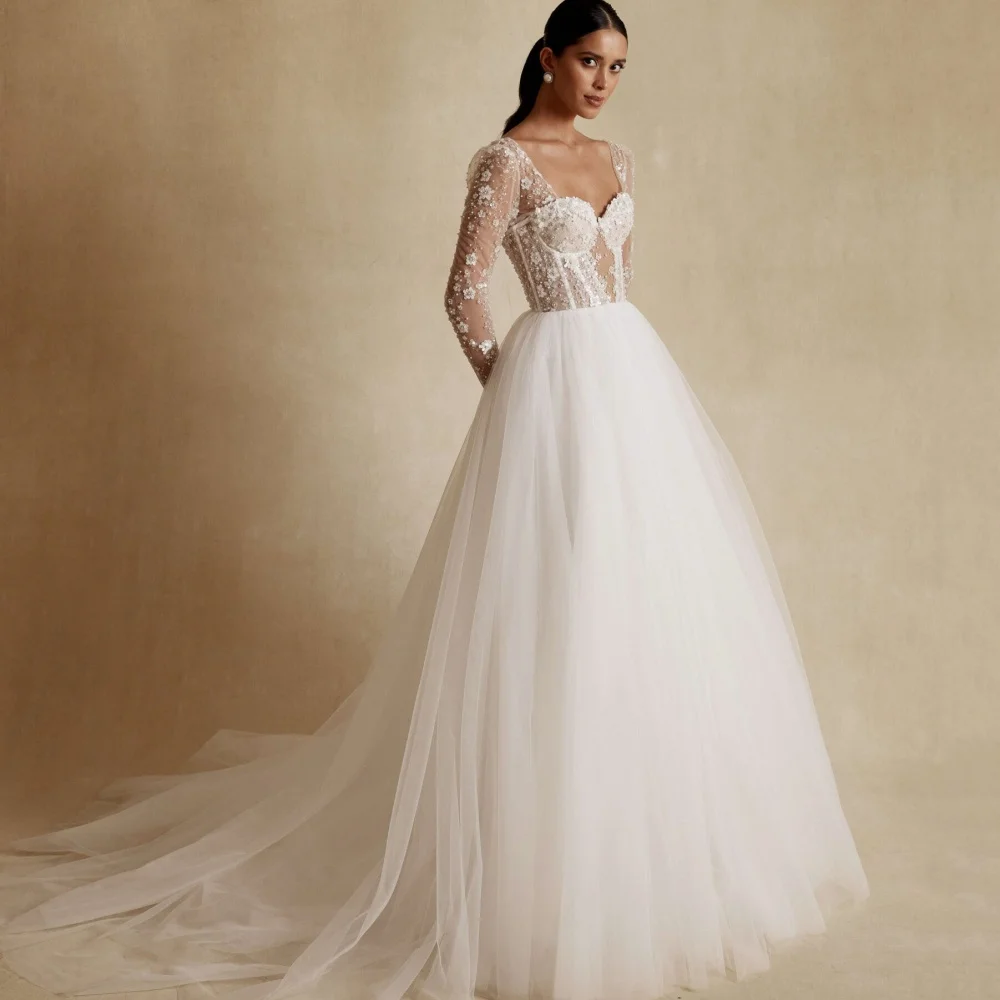 

Customized Luxury Wedding Dress Elegant Long Sleeves Appliques Bride Dresses Lace Up A Line Bridal Gowns New Vestidos De Novia