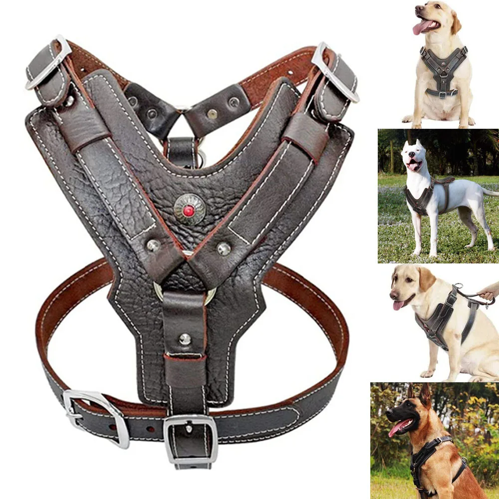 Durable Dog Harness Large Dogs Cowhide Chest Back Pet Training Vest With Quick Control Handle For Labrador Pitbull