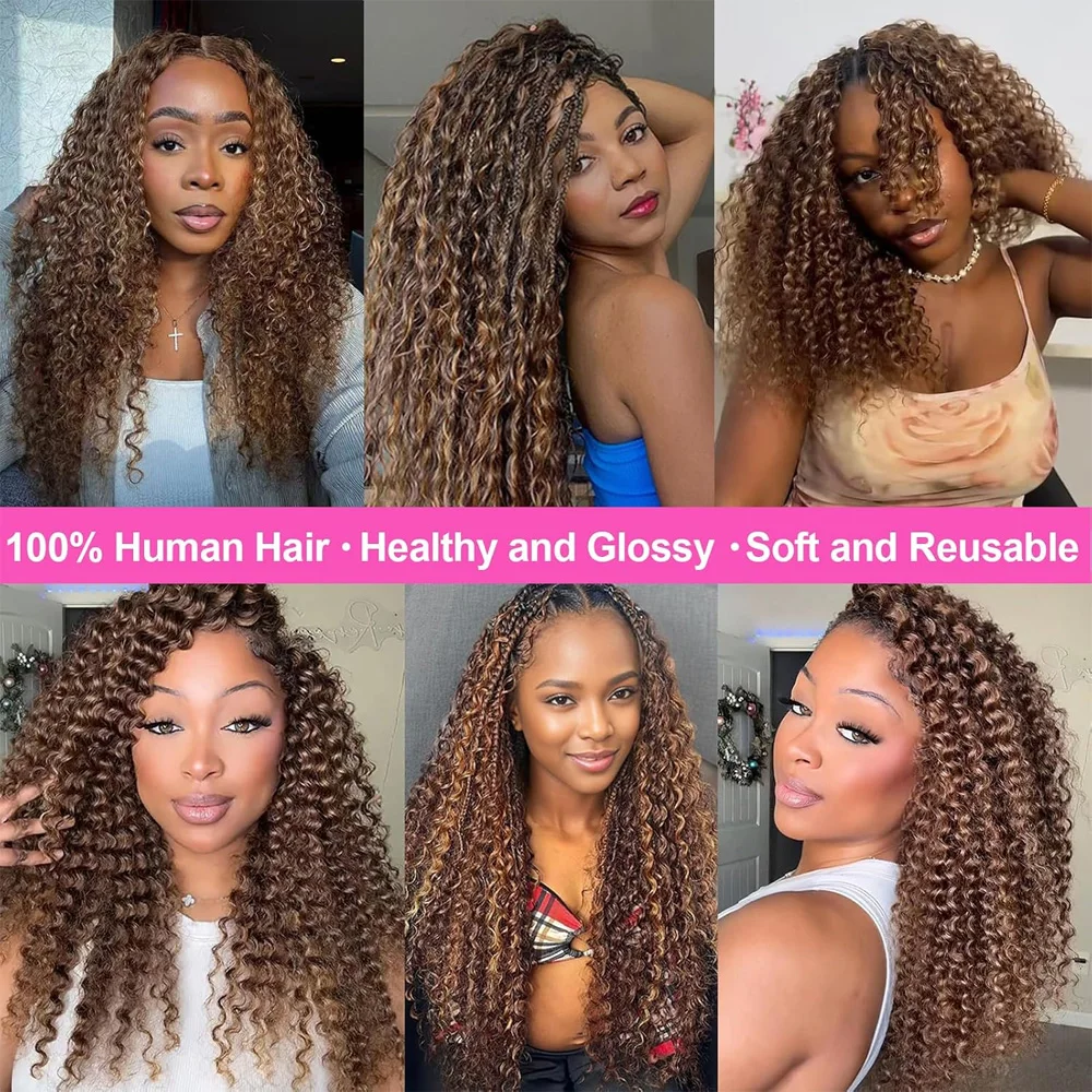 4/27 Highlight Loose Deep Wave Feather Crochet Human Hair Raw Brazilian Hair Bulk Pre Looped Hair Extensions Invisible Miracle Knots Feather Crochet Hair 14-24 Inchs Brown Highlight Real Human Hair Full Head Braiding Hair for Women Daily Wear - view 6