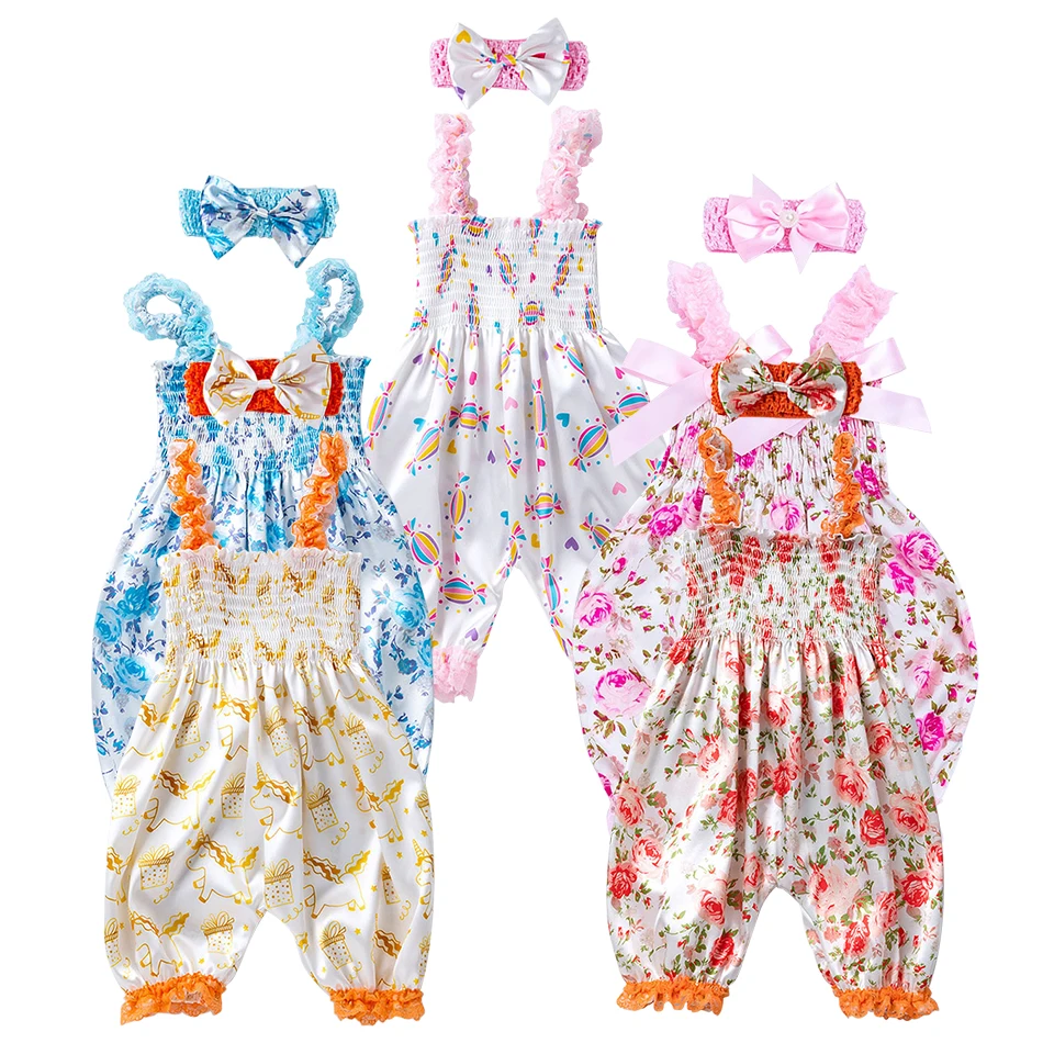 Baby Clothing Summer Girl Floral Print Jumpsuit Lantern Pants Jumpsuit Sleeveless Suspender Jumpsuit Lace And Lace Hem Pants