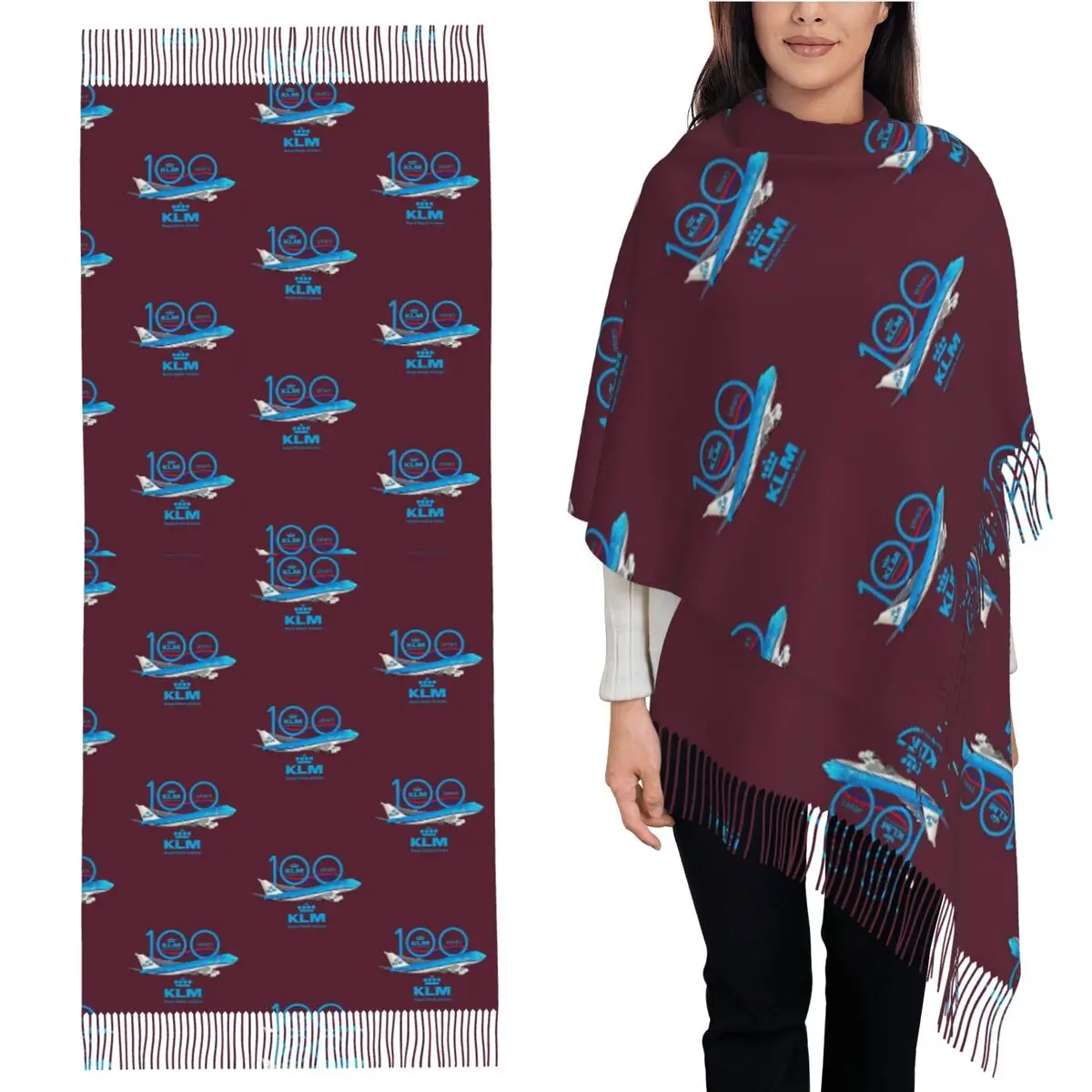 

100 Years Boeing 747 Klm Royal Dutch Airlines Scarf Tassel Scarves for Women Soft Shawls and Wraps Large Fall Winter Shawl Wrap