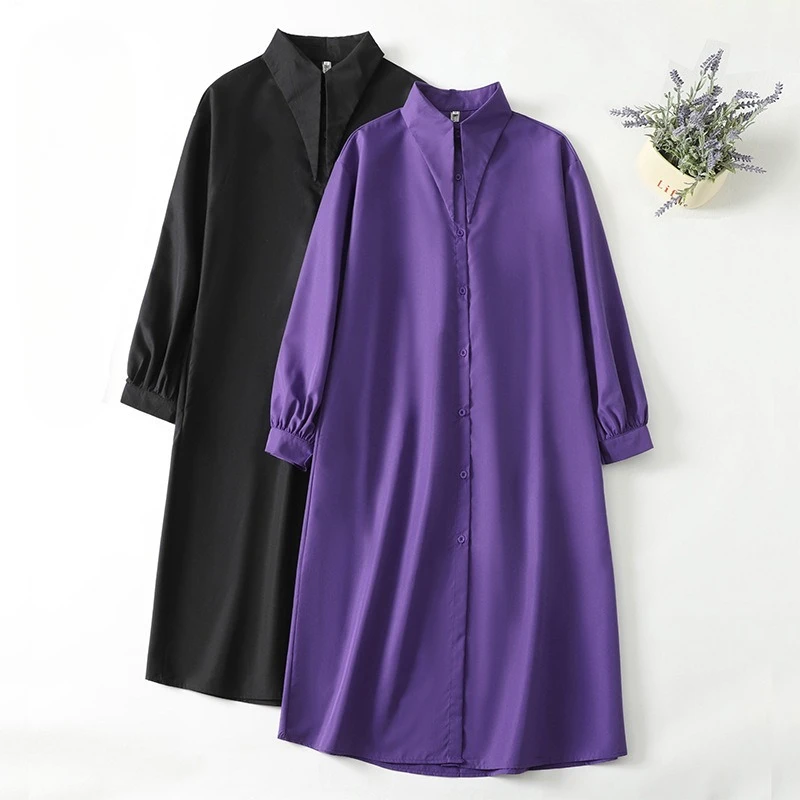 

Women Dresses Solid Dress Turn Down Collar Long Sleeves Single Breasted Ankle Length Slight Strech Loose Fit Casual 2026 Spring