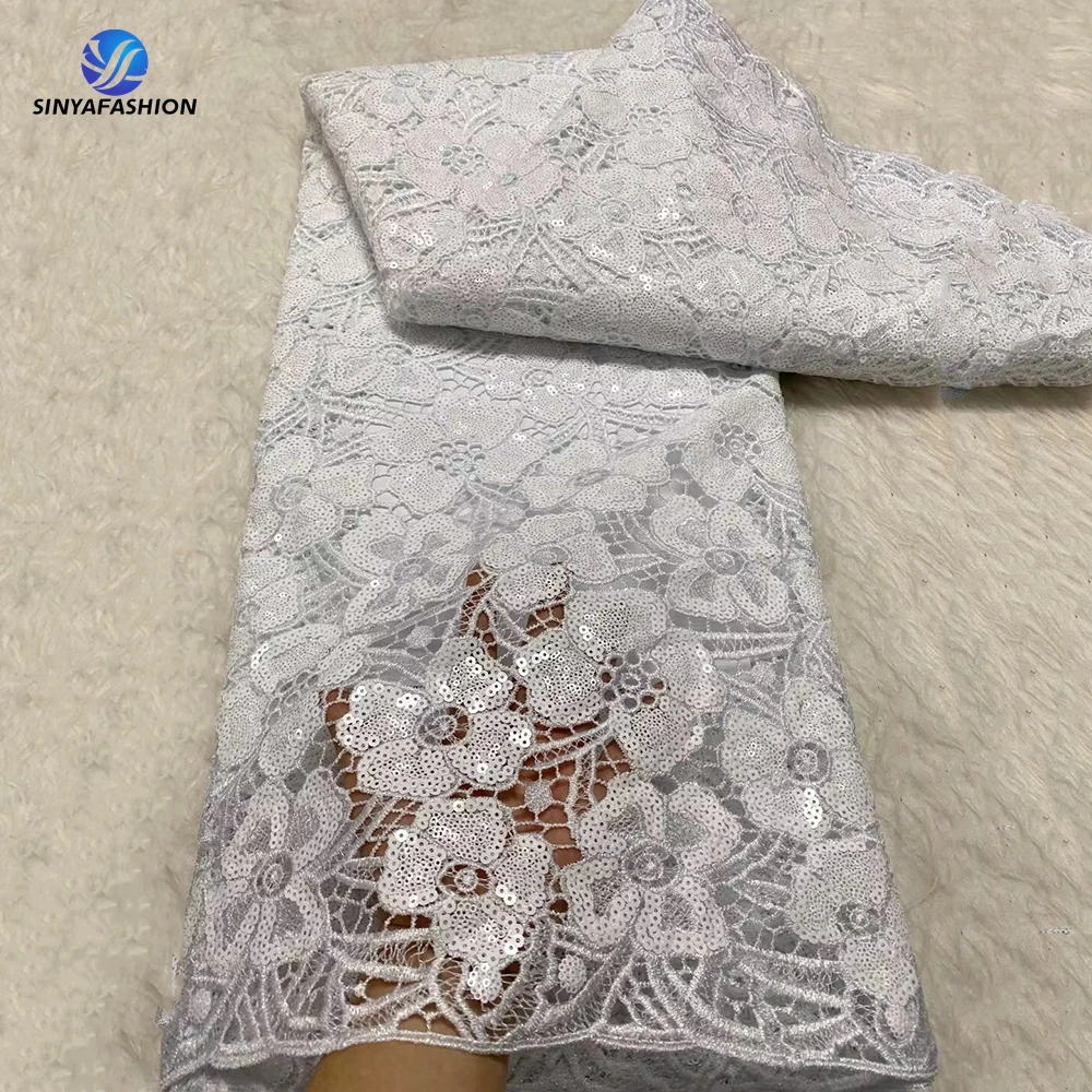 

Sinya White African Cord Lace Fabric 2024 High Quality Guipure Lace Fabric Embroidery With Sequins For Women Party Wedding Dress