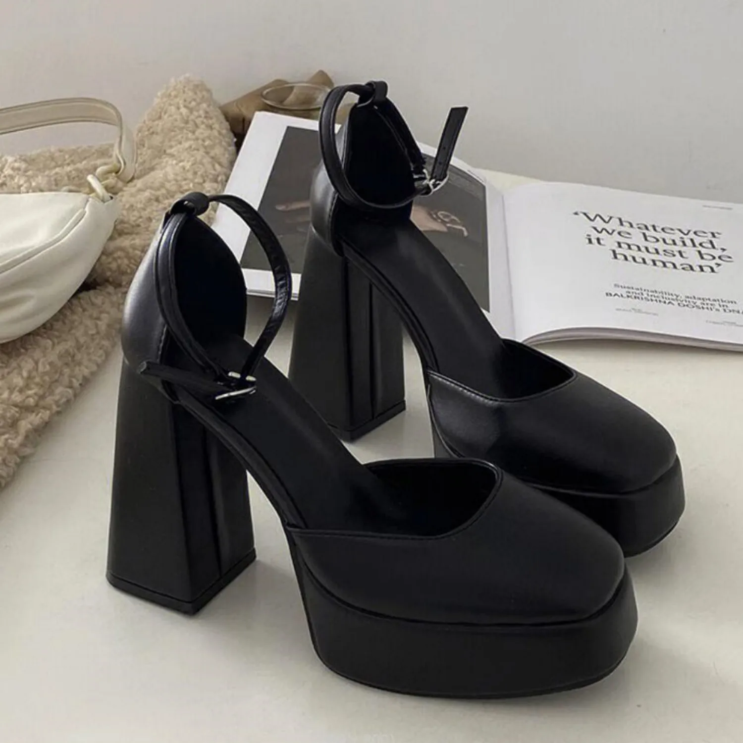 

Sexy15cm Heel High Heels Shoes Women Dress Model Party Wedding Shoes 2024 Autumn Buckle Thick Bottom Platform Mary Jane Pumps