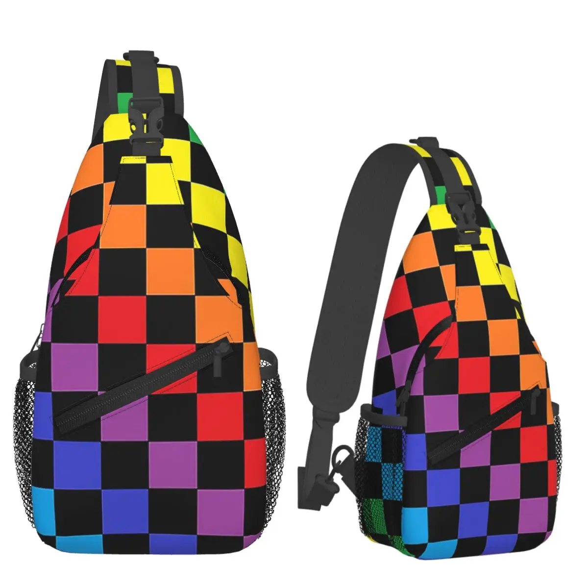 Borsa da petto nera arcobaleno a quadretti da uomo, zaino a tracolla, borsa da petto, borsa da viaggio, escursionismo, zaino a tracolla