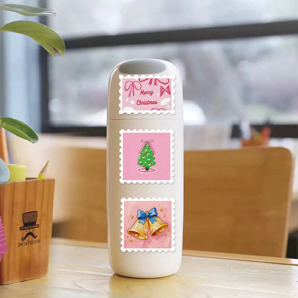 50PCS Pink Christmas Stamp Fun Sticker Set DIY Booklet Scrap Book Decorative Notebook Water Cup Christmas Label Stickers