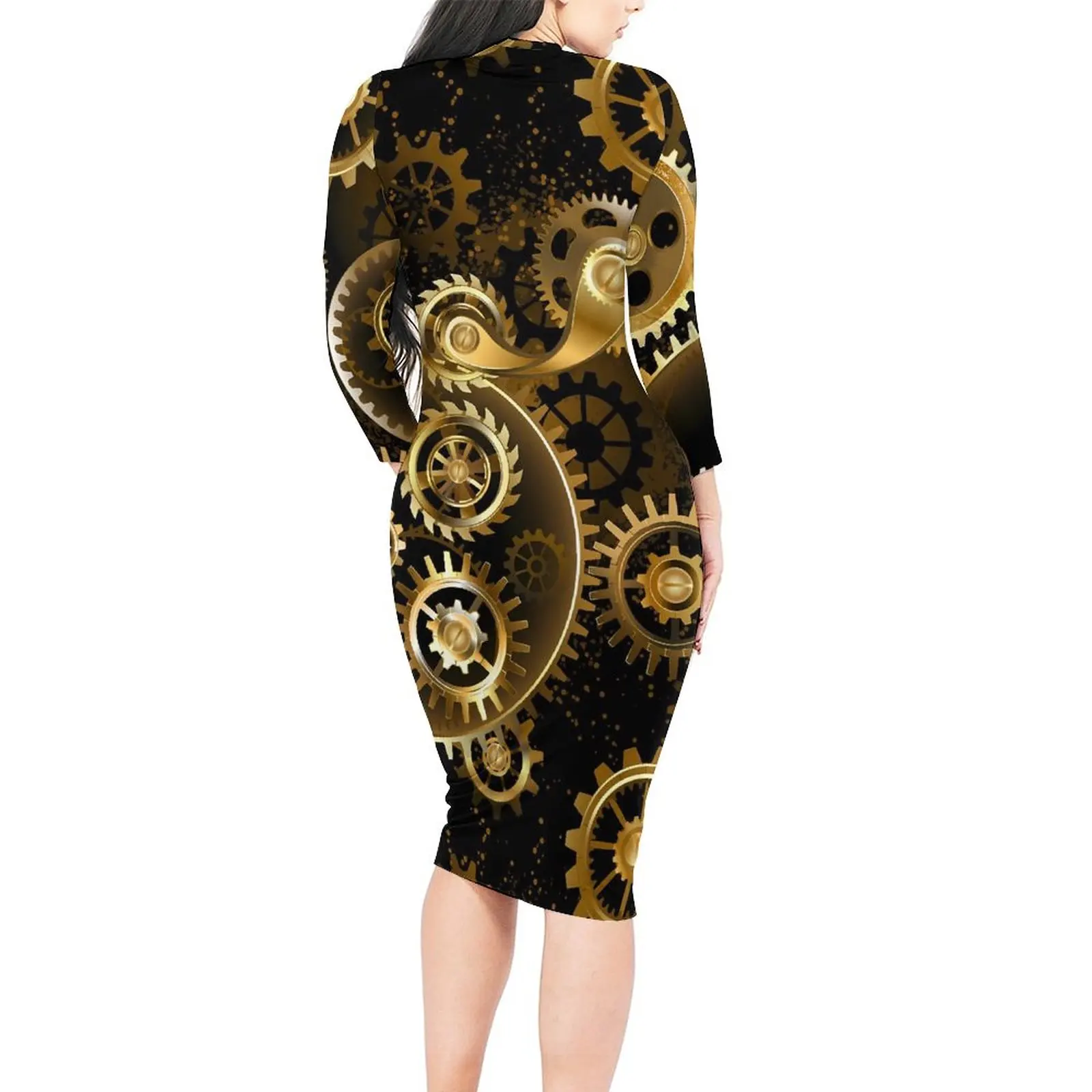 Golden Steampunk Dress Long Sleeve Brass Gears Print Pretty Dresses Spring Female Street Fashion Custom Bodycon Dress Big Size