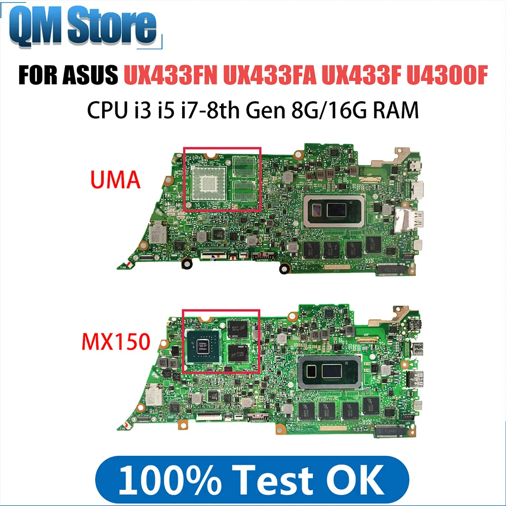 Notebook Mainboard For ASUS ZenBook 13 UX433FN UX433FA U4300F Laptop Mother board I3 I5 I7 8th Gen CPU 8G 16G RAM MX150 UMA