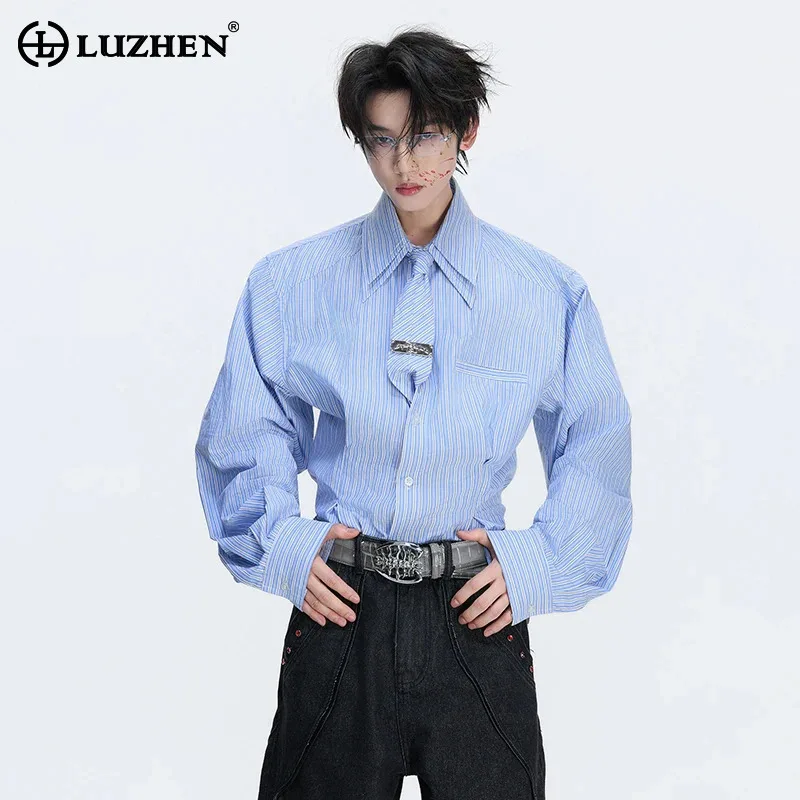 

LUZHEN 2025 новые стильные полосатые двухслойные рубашки с длинными рукавами и принтом, мужские роскошные элегантные оригинальные нишевые мужские топы JY5891