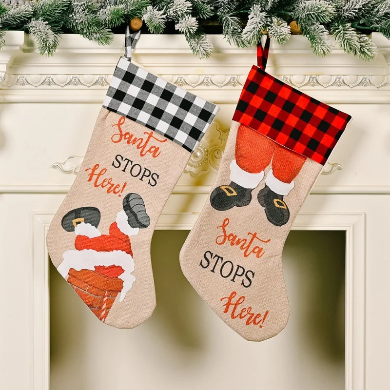 Personalized Printing New Christmas Decoration STOP HERE Plaid Christmas Socks Christmas decoration Children's holiday Gifts