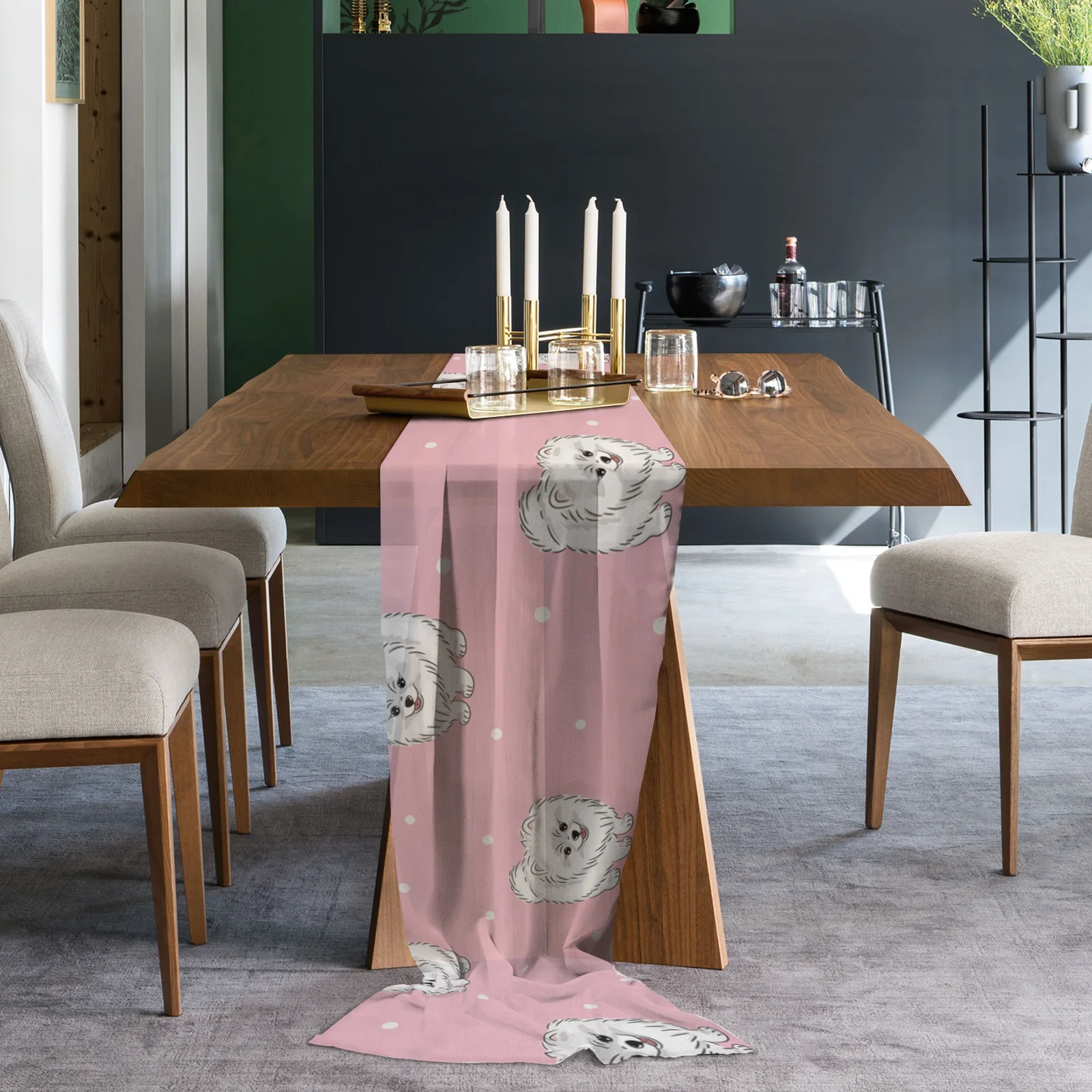 Cartoon Pet Dog Wave Point Chiffon Table Runner Wedding Decoration Birthday Table Runner Tablecloth Home Decoration