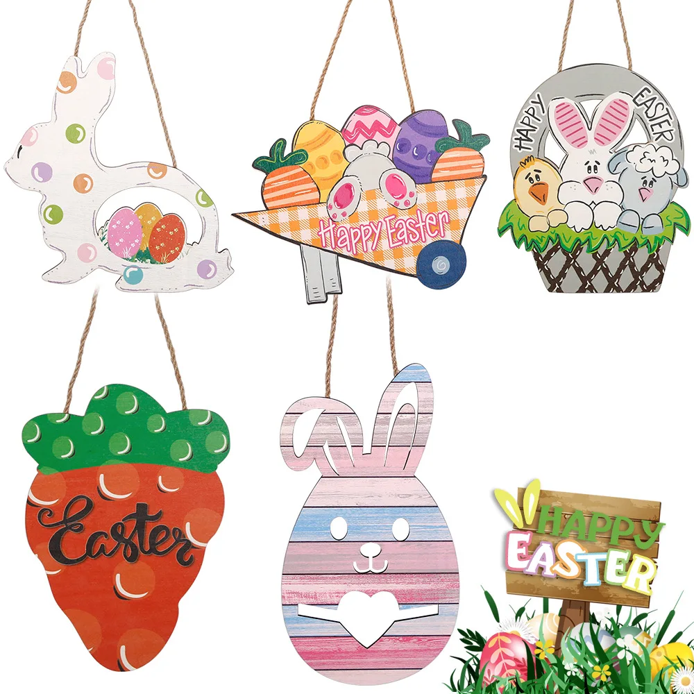 Wooden Easter Door Pendants Cute Rabbit Eggs Carrot Hanging Ornament For Easter Tree Home Party Decoration DIY Wreath Kids Gift