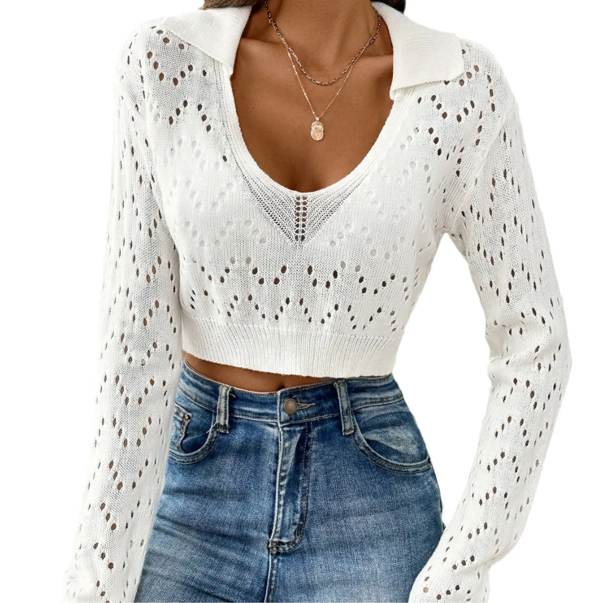 Dames trui met holle kraag, trendy streetwear gebreide trui met blote buik