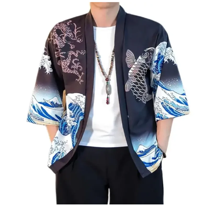 

Japanese mens and womens fashionable kimono,wave tent 3D printed jacket,traditional green gray open top,Japanese black beachwear
