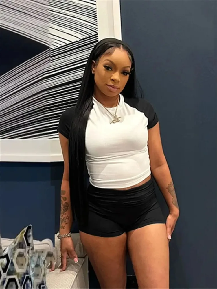 Leosoxs Sporty Patchwork 3 Piece Set Women Casual Summer Headband+Crop Top+High Waist Bike Shorts Street Matching Tracksuit