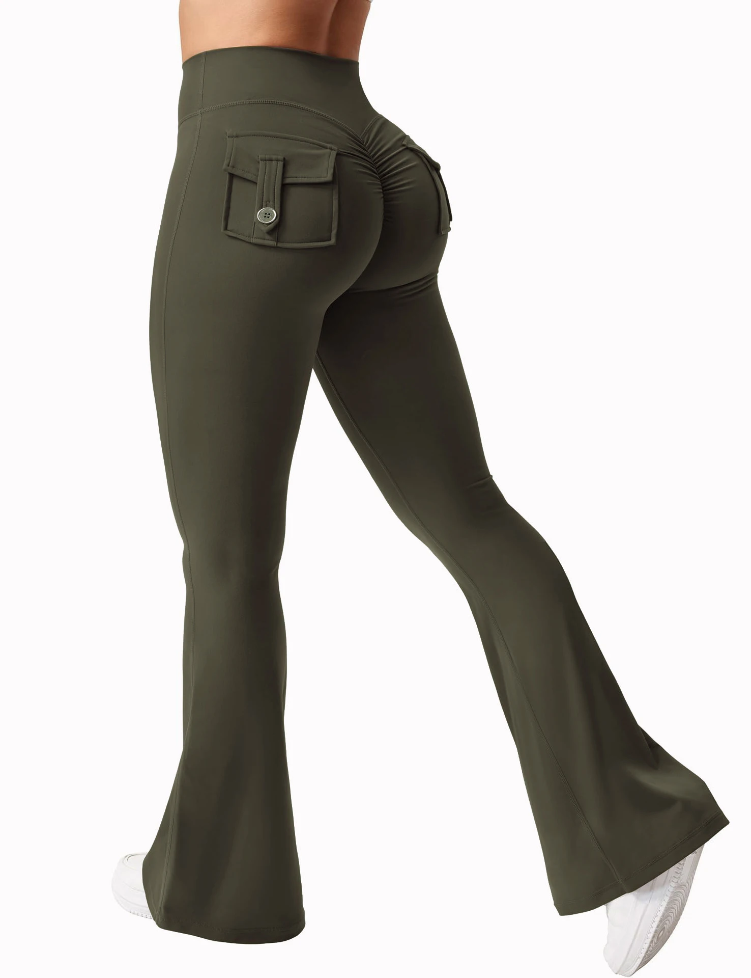 New women's casual flared yoga pants, training flared pants, high waisted work clothes, belt pocket sportswear image 2