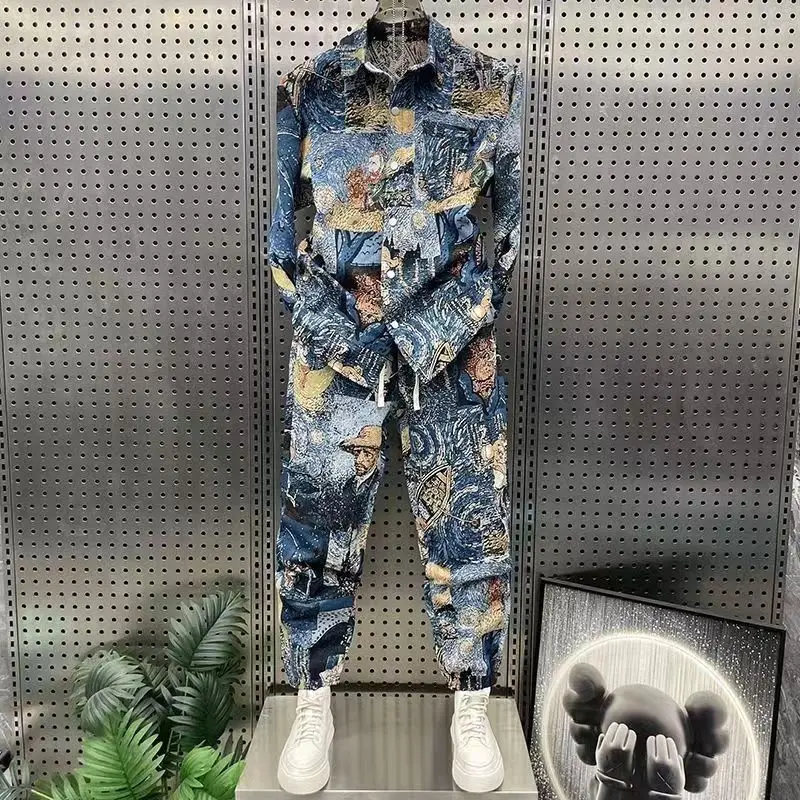 

Spring Autumn Streetwear oil painting Men Set Popular Painted Shirt Jacket Trousers Fashionable Casual Versatile Two-piece Sets