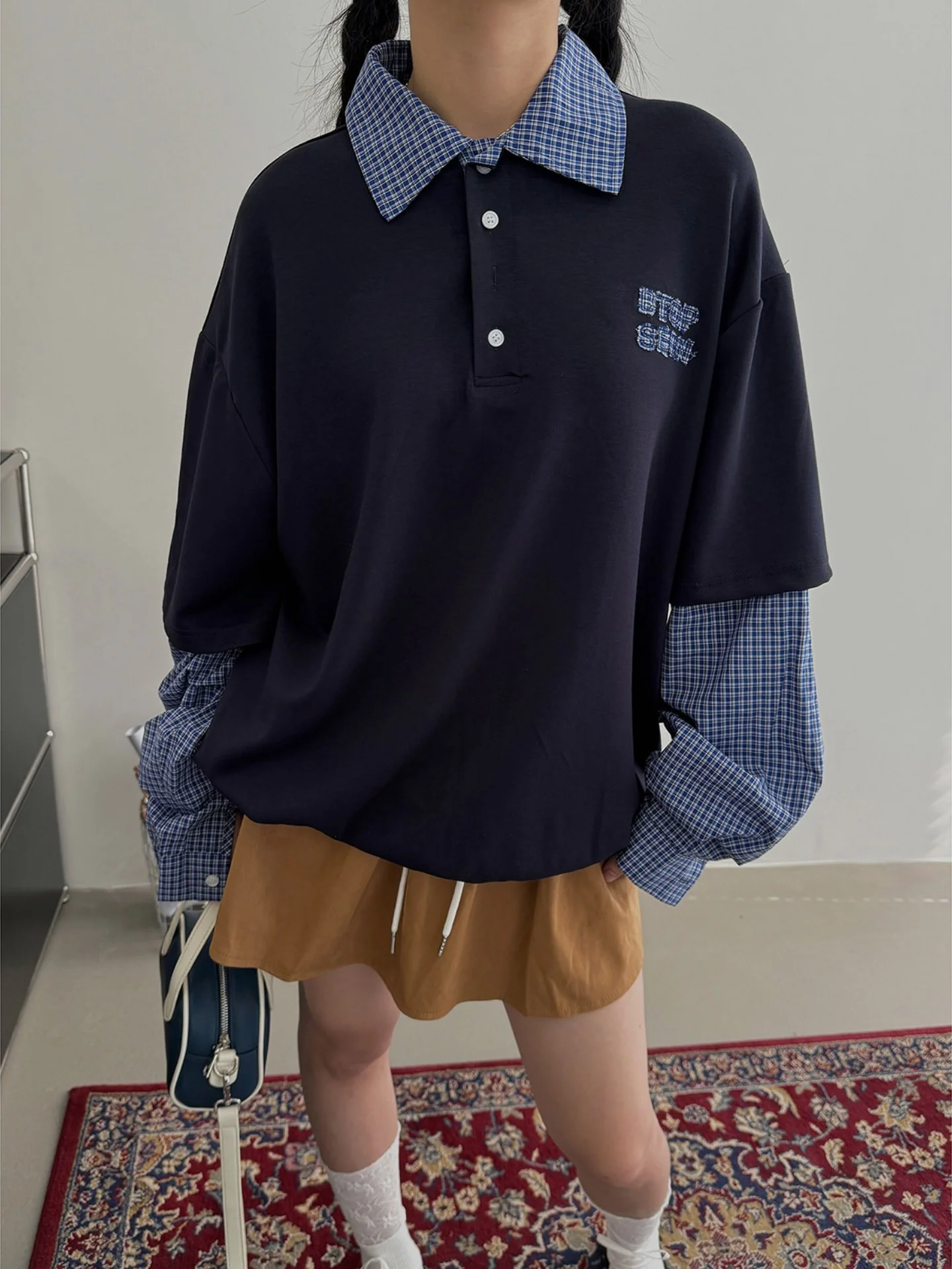 Preppy Plaid Patchwork Loose Fit  Shirt Couple's Mock Two-Piece Design Men's Women's Comfortable Breathable Summer T-Shirt