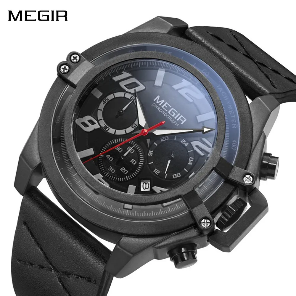 

MEGIR модные мужские часы с кожаным ремешком, спортивные часы с хронографом, водонепроницаемые кварцевые наручные часы Relogio Masculino 2052