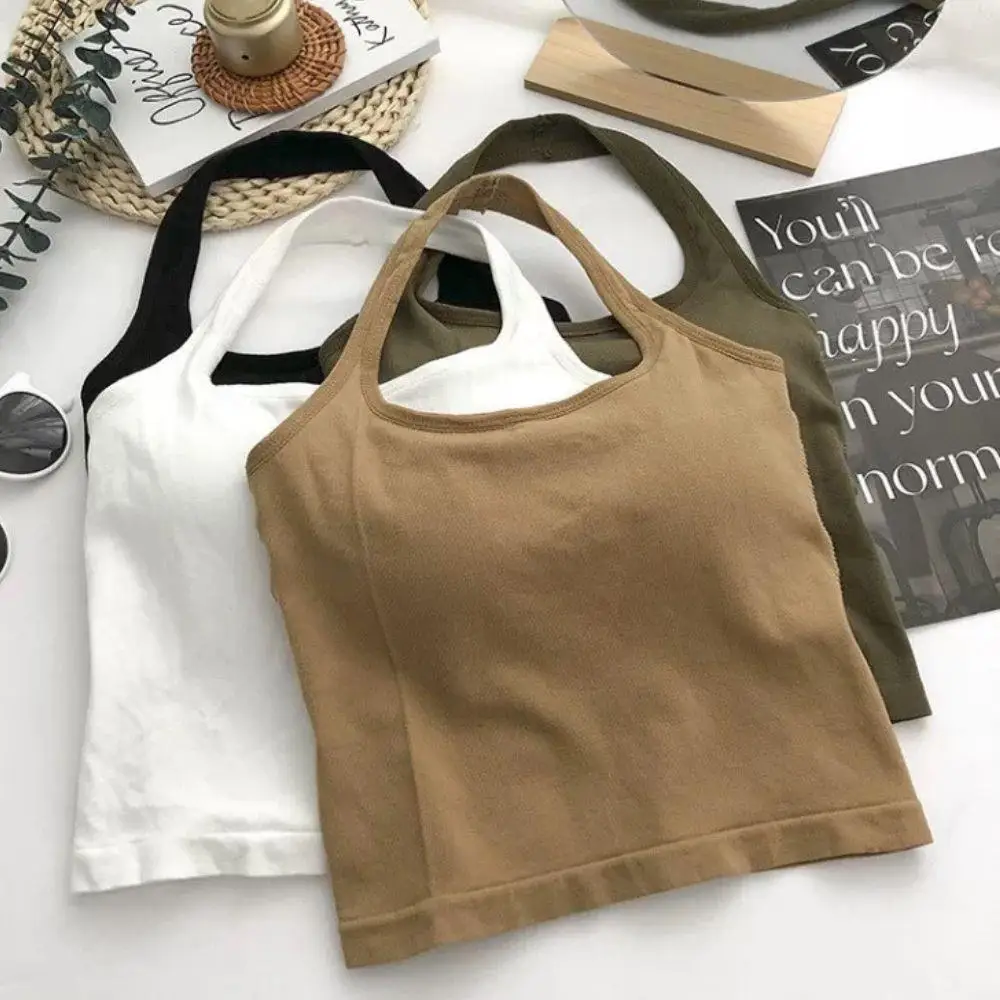 Vrouwen hals halter tanktop met borstkussen zomer basic casual crop tops backless hardloophemdje voor vrouwen streetwear tops