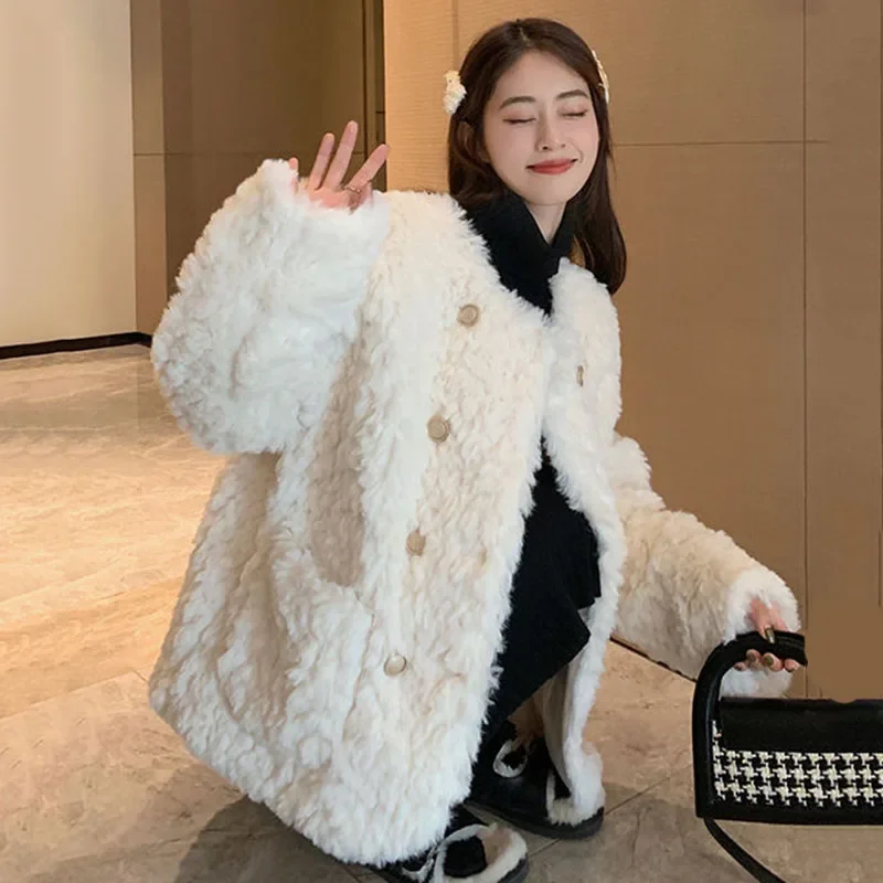 

Smvp 2024 AutumnWinter New Korean Fashion Double-breasted Faux Fur Outwear Ladies Women's Lamb Cashmere Thicken Warm Plush Coat