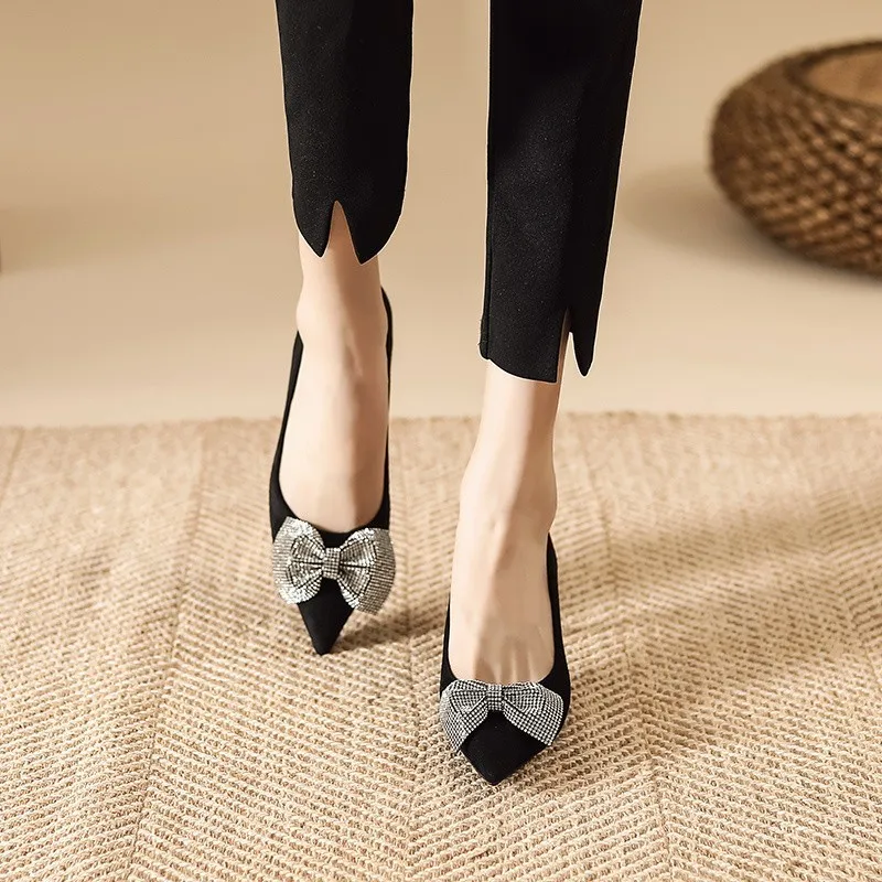 Bowknot Rhinestone Shallow Mouth Pointed Black Single Shoes 2023 New Professional Work Comfort Fashion High Heels Female