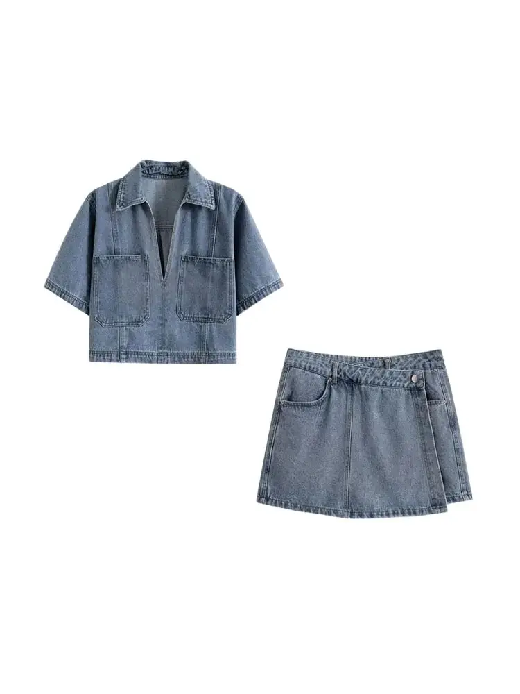

TRZA Women Fashion With Pockets Denim Crop Shirts And High Waist Asymmetric Shorts Skirts Female Two Piece Sets Mujer