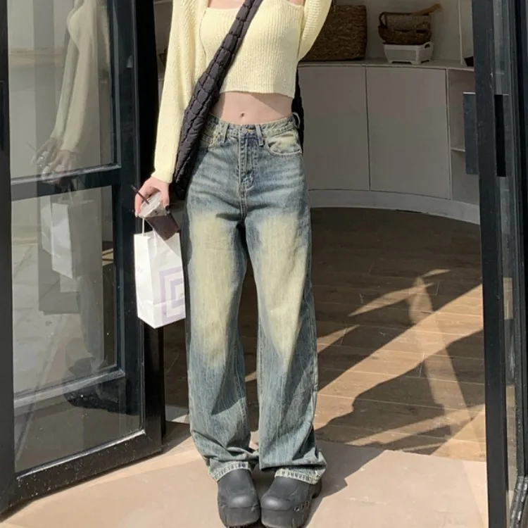 

Retro Washed High Waist Wide Leg Jeans Women's Loose Long Pants Straight Leg Blue Denim Korean Style All Seasons Fashion