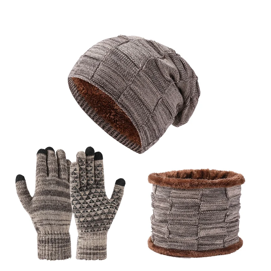 Herbst Winter Unisex warme und weiche Winter-Fleece-gefütterte Strickmütze, Schals und Touchscreen-Handschuhe 3-teiliges Set