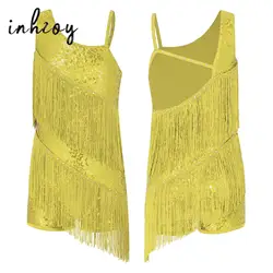 Sequins Latin Dance Dress for Girls Kids Shiny Tassel Leotards Dress Professional Dancing Competition Chacha Rumba Tango Costume