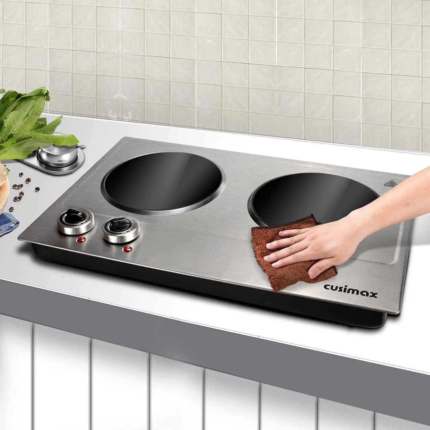 Piastra riscaldante elettrica in ceramica da 1800 W per cucinare, piano cottura a infrarossi a doppio controllo, doppio bruciatore, bruciatore da appoggio portatile, vetro Pl