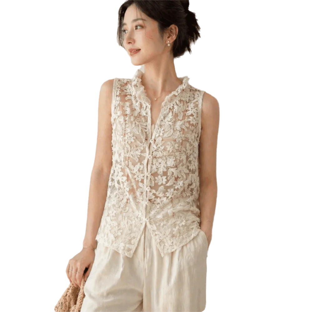 

Loose Fit V-neck Floral Mesh Shirt Sleeveless Elegant Lace Tank Top Button Front Transparent Lace Vest Everyday Wear
