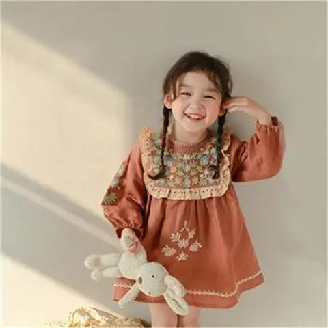 Girls Spring Summer New Lace Embroidery Dresses Baby Girl Vintage Floral Short Dresses Kids Dresses for Girls Clothes