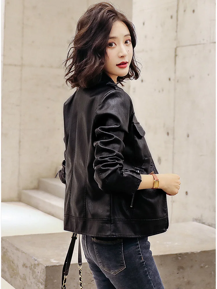 Pink Chic New Women Leather Jacket Spring Autumn Fashion Stand Collar Slim Short Sheepskin Jacket Split Leather Biker Outerwear