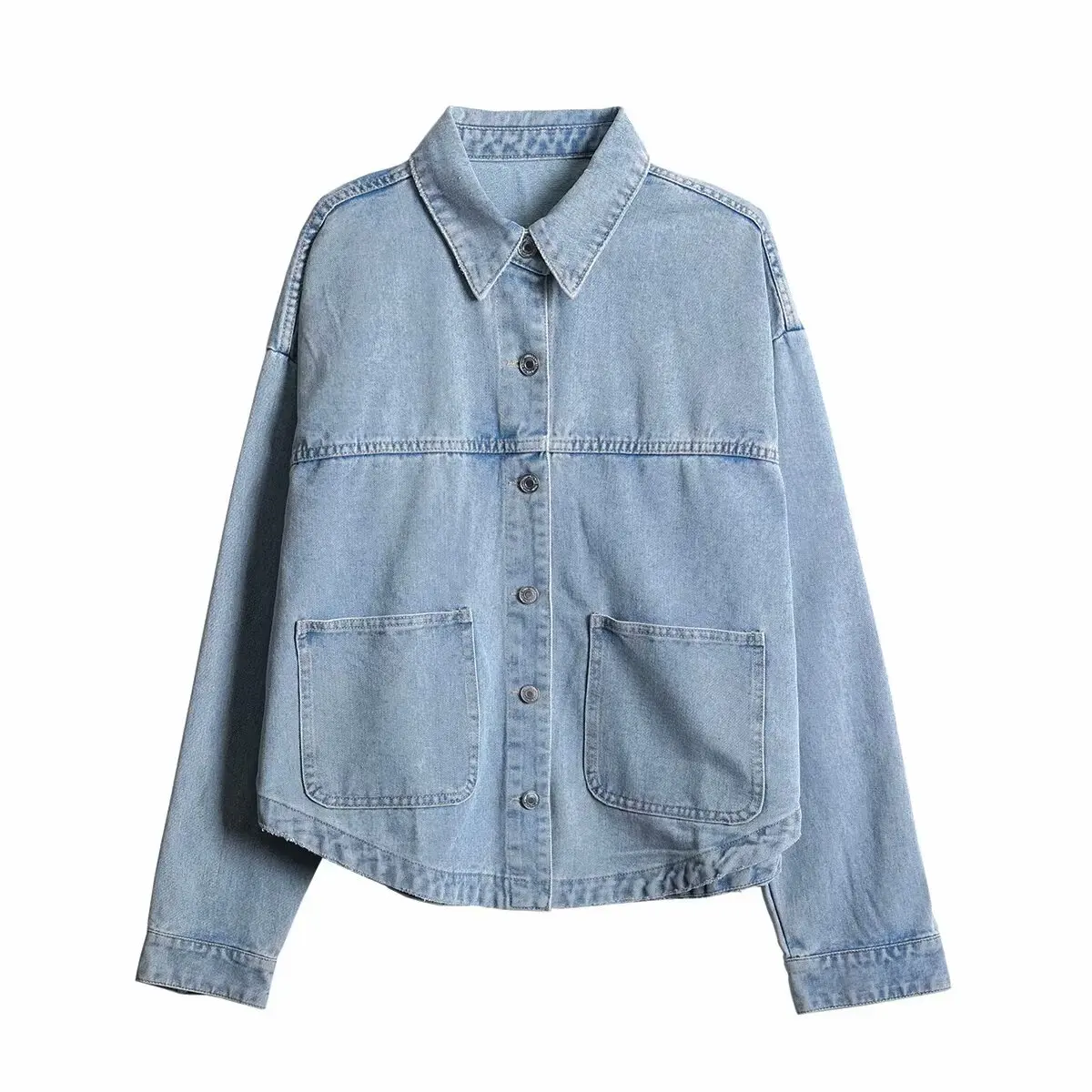 2024 ZAR4 Summer New Women\'s Loose Casual Lapel Long sleeved Patch Bag Decoration denim jacket jacket