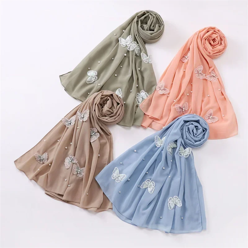 Butterfly Pattern Diamond Chiffon Veil Hijab Malaysia Tudung Scarf Muslim Turban Hijab Fashion Women Baotou Scarf عصابات رأس