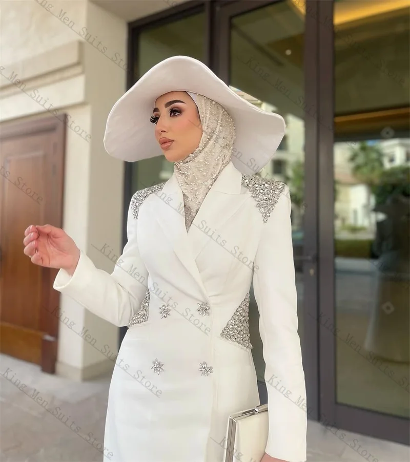 

Luxury White Crystals Women Suit 1 Piece Long Blazer Prom Dress Customized Formal Office Lady Wedding Tuxedos Cotton Party Gown