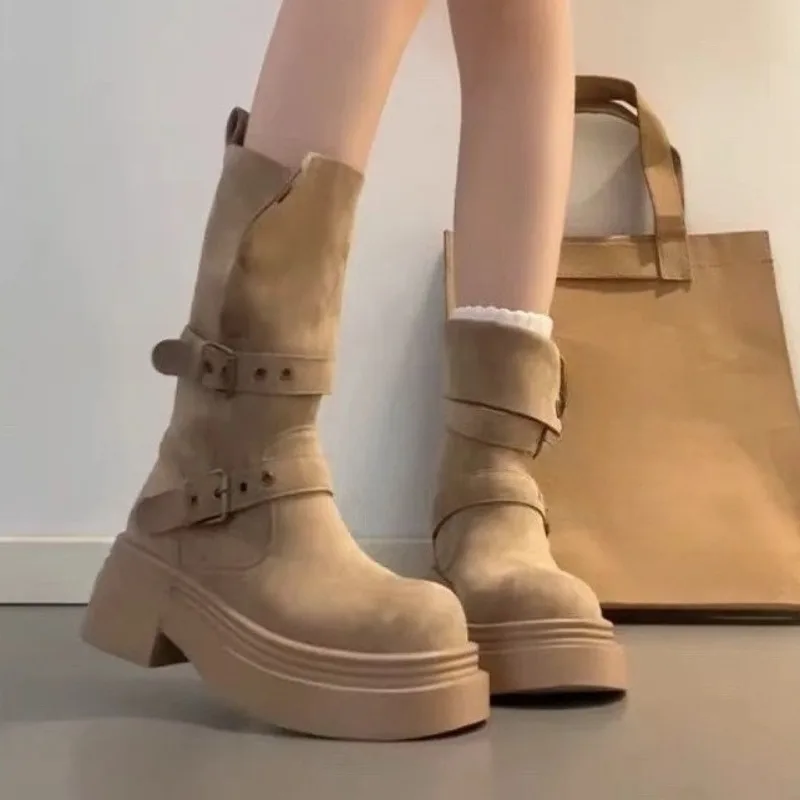 Botas de motociclista Vintage para Mujer, Botas cortas elegantes con hebilla de cinturón, Botas suaves sin cordones a media pierna, botines versátiles con realce, Botas para Mujer