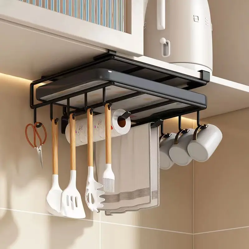 

Kitchen Hanging Organizer Rack with Hooks Under Cupboard Paper Towel Rags Hanger Cutting Board Pot Cover Holder Storage Shelf