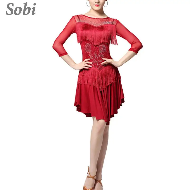 Women Tassel Latin Dance Dress Fringe Flapper Samba Costumes Latin Dance Group Performance Dress Ballroom Tango Salsa Clothes