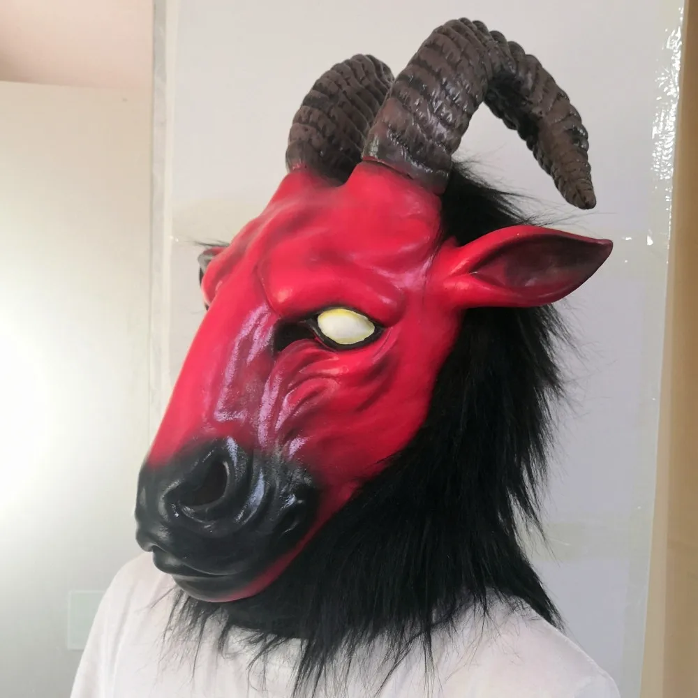 

Creepy red Monster Full Head mask Halloween dress up animal latex costume Scary sheep head mask