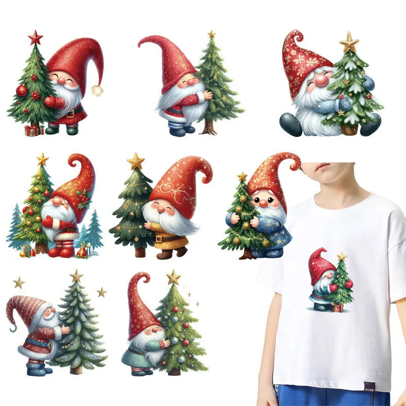Милые рождественские гномы, рождественская елка, термопереносные наклейки, термопереносные наклейки, термопрессованные наклейки для DIY, одежда для детей
