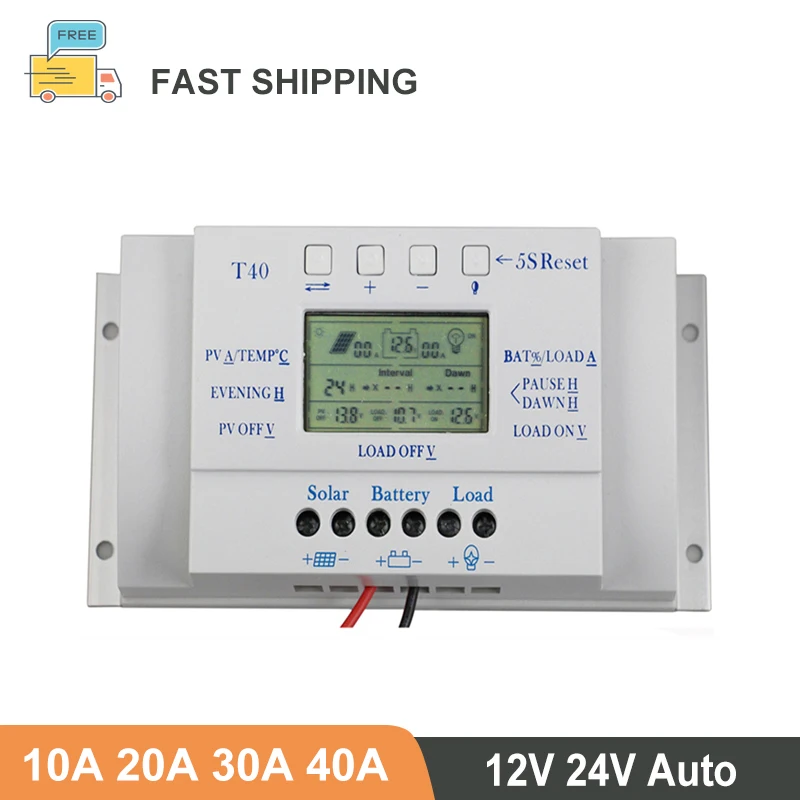 Solar Charger Controller 10A 20A 30A 40A 12V/24V Auto Battery Regulator Charger LCD Dual Timer Control T10A T20A T30A T40A