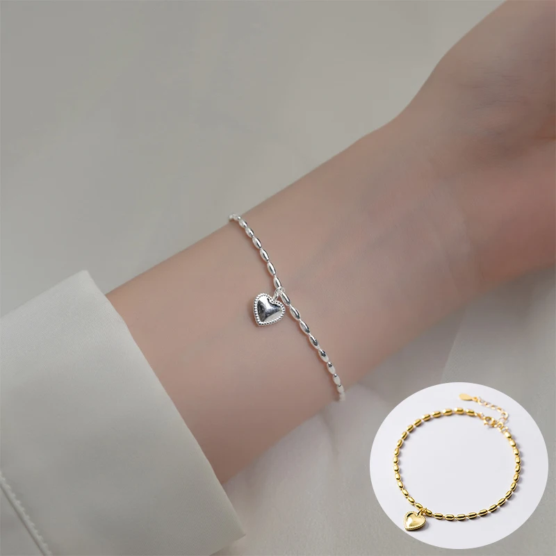 

100% 925 Sterling Silver Love Heart Bracelet for Women Girl Vintage Simple Smooth Beans Design Jewelry Party Gift Dropshipping