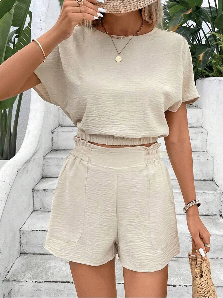 Women Summer Casual Short Suit Loose Comfortable O-neck T-Shirts And  Elastic Waist Shorts Female Fashion Steetwear Suits sales