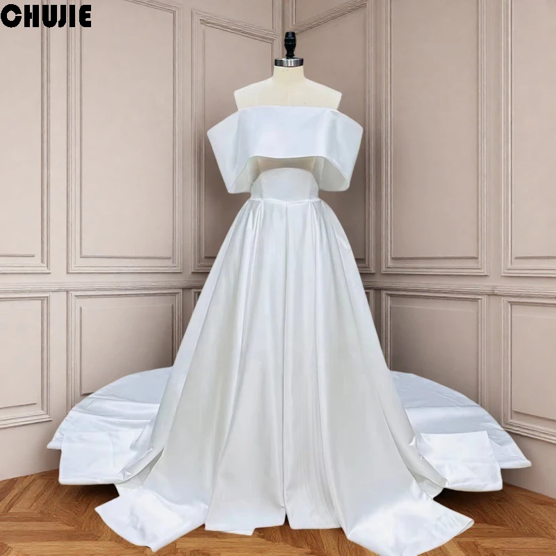 

Off Shoulder High Quality Satin Wedding Dresses 2025 A Line Pleated Zipper Back Vestidos De Novia Wedding Party Gown With Train